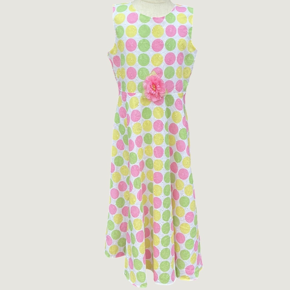 Emily West A-Line Dress Girls 10 Pink Green Polka Dot Eyelet Floral Tea Party